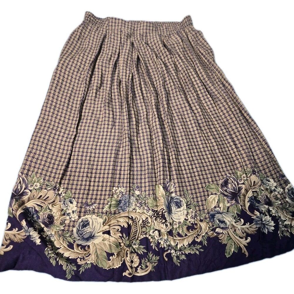 Vintage Jantzen Classic Houndstooth Floral Border Skirt Sz 16 - Picture 2 of 16